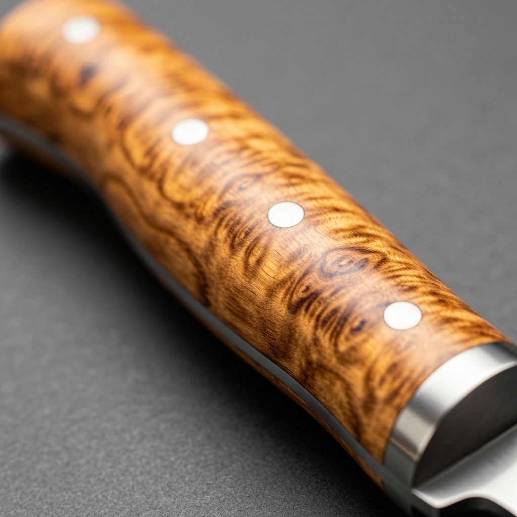 Close-up of curly birch wood handle showing distinctive flame grain pattern